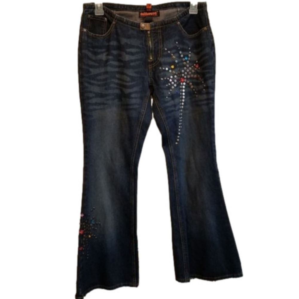 Dollhouse‎ Y2K Embellished Jeans Zebra Print Flare Leg Low Rise 90s Size 10